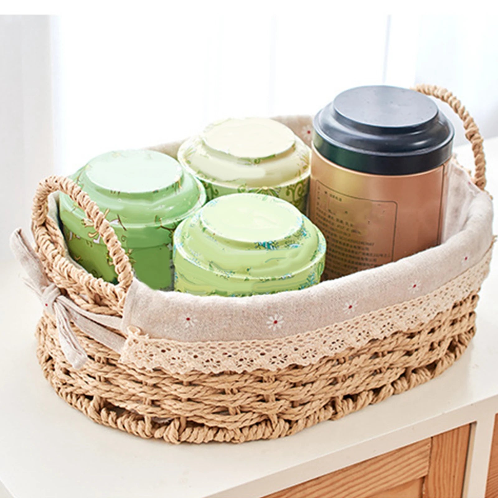 Woven Storage Baskets with Handles Handwoven Kitchen Storage Box for Vegetables and Fruit Toilet Desktop Sundries Home Organizer
