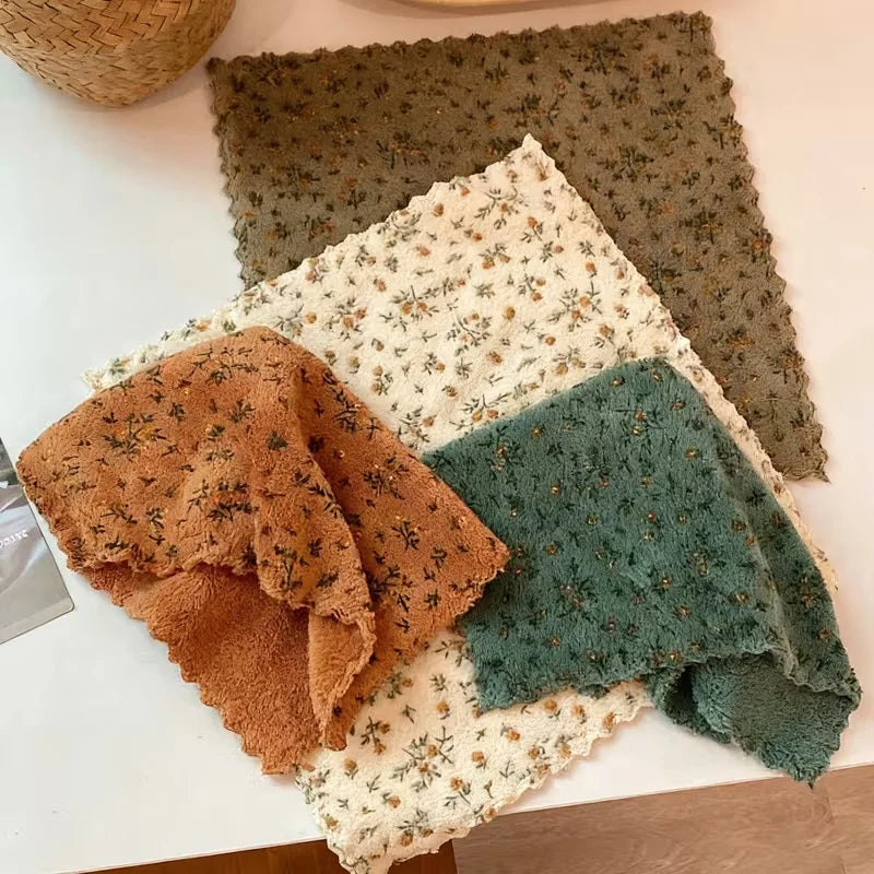 4Pcs Flower Dishwashing Towels - Quick-Drying Cleaning Cloth, Thickened & Soft, Breathable, Reusable for Kitchen, Bath, Car & Gl