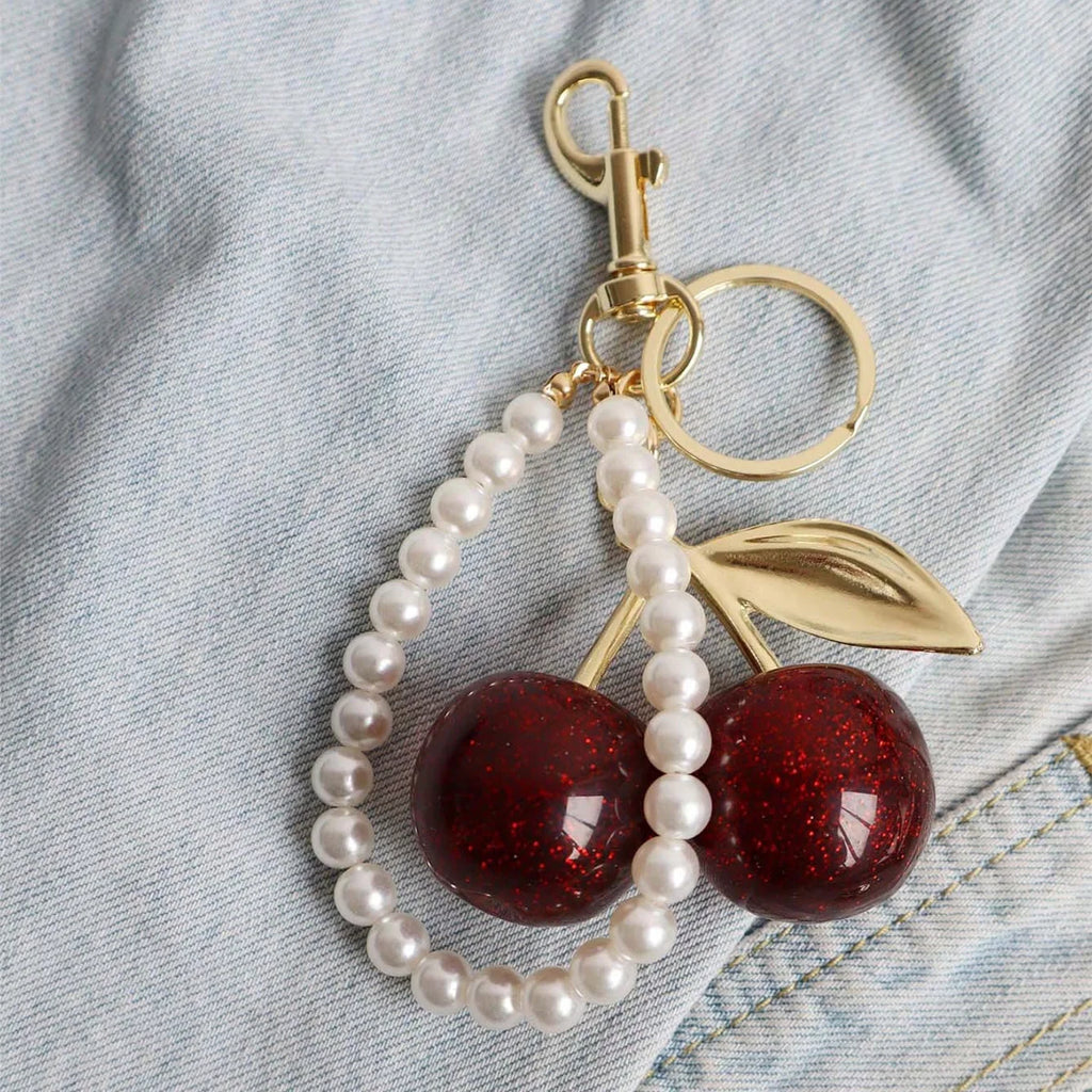 1pc For Women Cherry Keychain with Sparkling Resin Pendant Black Red Fashion Bag Decoration Charm DIY Accessories