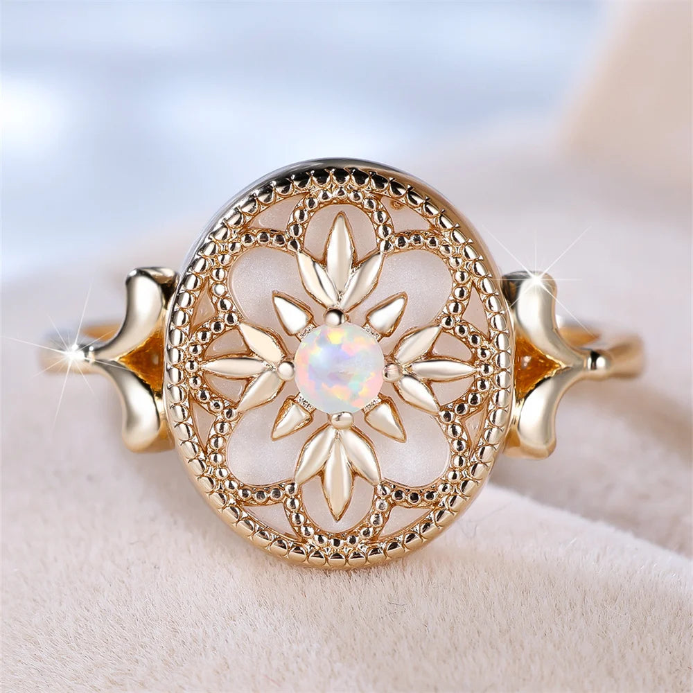 Trendy Flower White Opal Round Stone Rings For Women Vintage Gold Color Engagement Bands Wedding Jewelry Bridal Versatile Gifts