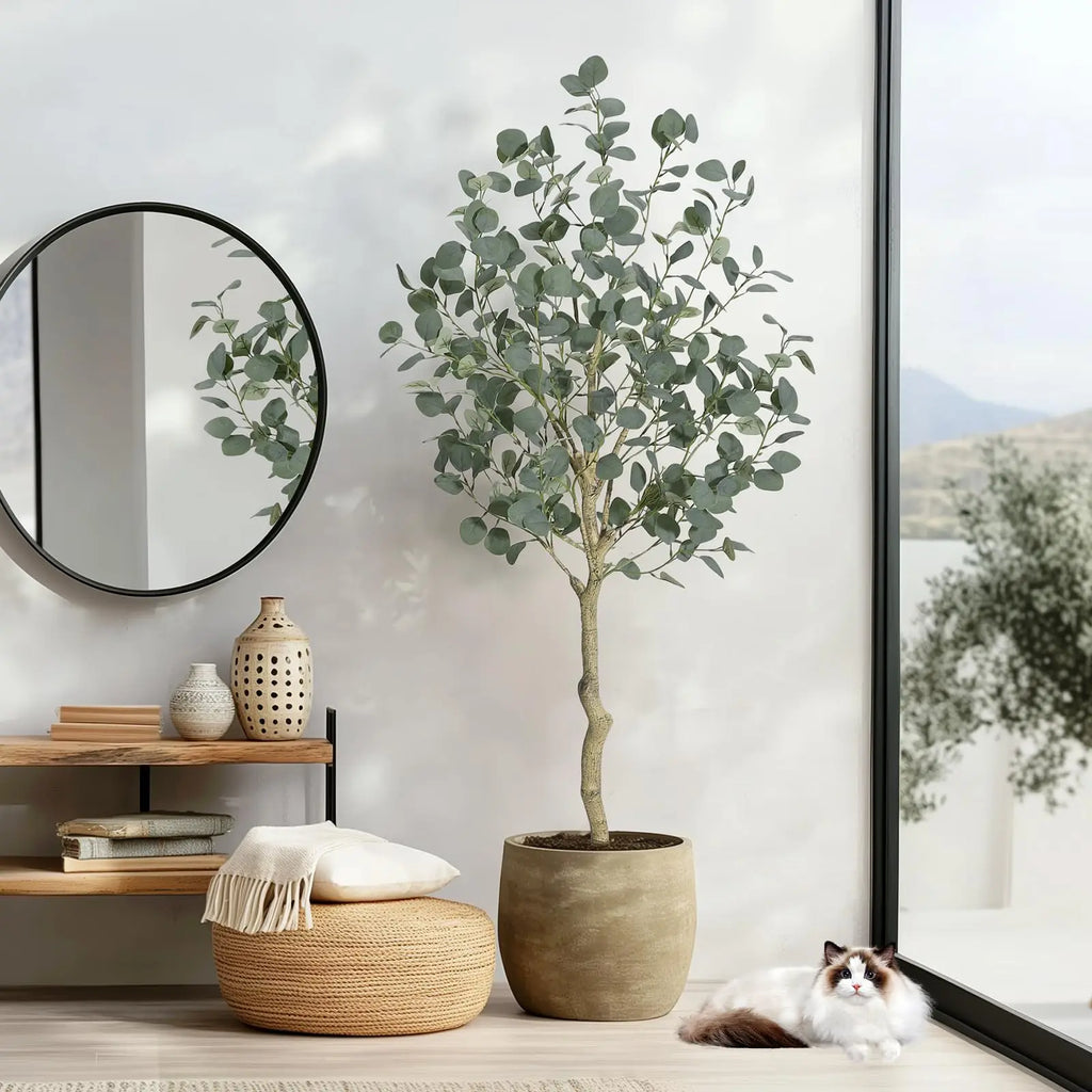 Artificial Tree Plant Eucalyptus Tree 4/5/6FT Tall, Modern Large Fake Plant Decor In Pot for Indoor Outdoor,Home Office Ideal Housewares Gift Decoration, Eucalyptus Tree