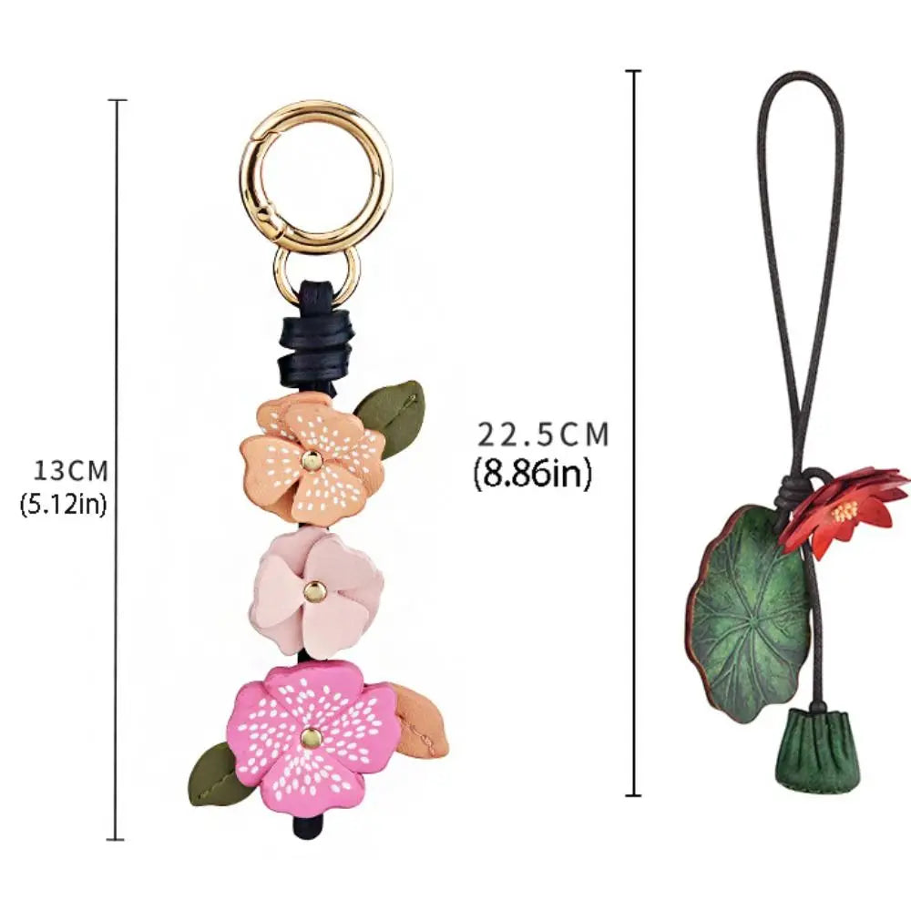 Cute Hanger Flower Pu Leather Pendant Handmade Car Keyring Leather Keychain Lotus Fashion Bag Pendant Women