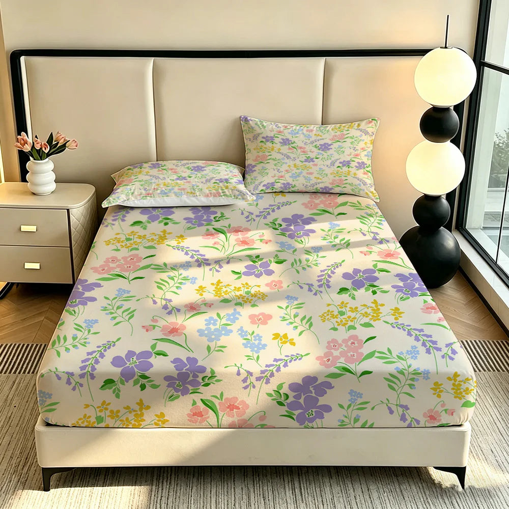 90G 3pcs Bedding Set 1 Fitted Sheet + 2 Pillowcases Light Green Purple Floral Pattern Soft Microfiber Bed Sheet Set for Bedro