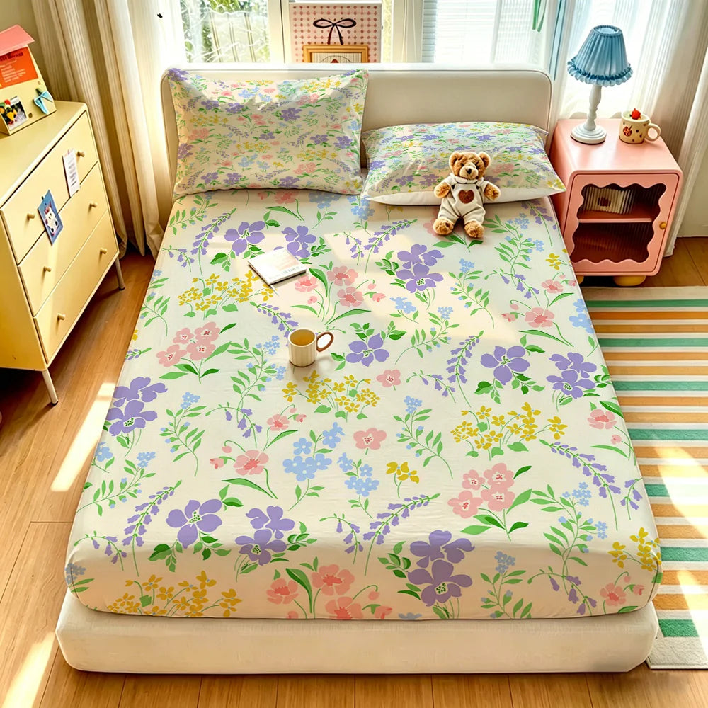 90G 3pcs Bedding Set 1 Fitted Sheet + 2 Pillowcases Light Green Purple Floral Pattern Soft Microfiber Bed Sheet Set for Bedro