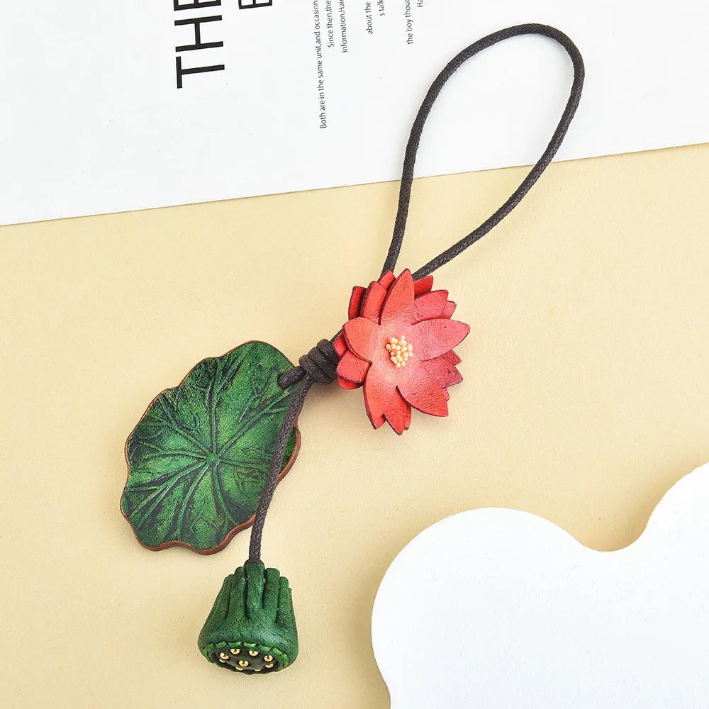 Cute Hanger Flower Pu Leather Pendant Handmade Car Keyring Leather Keychain Lotus Fashion Bag Pendant Women