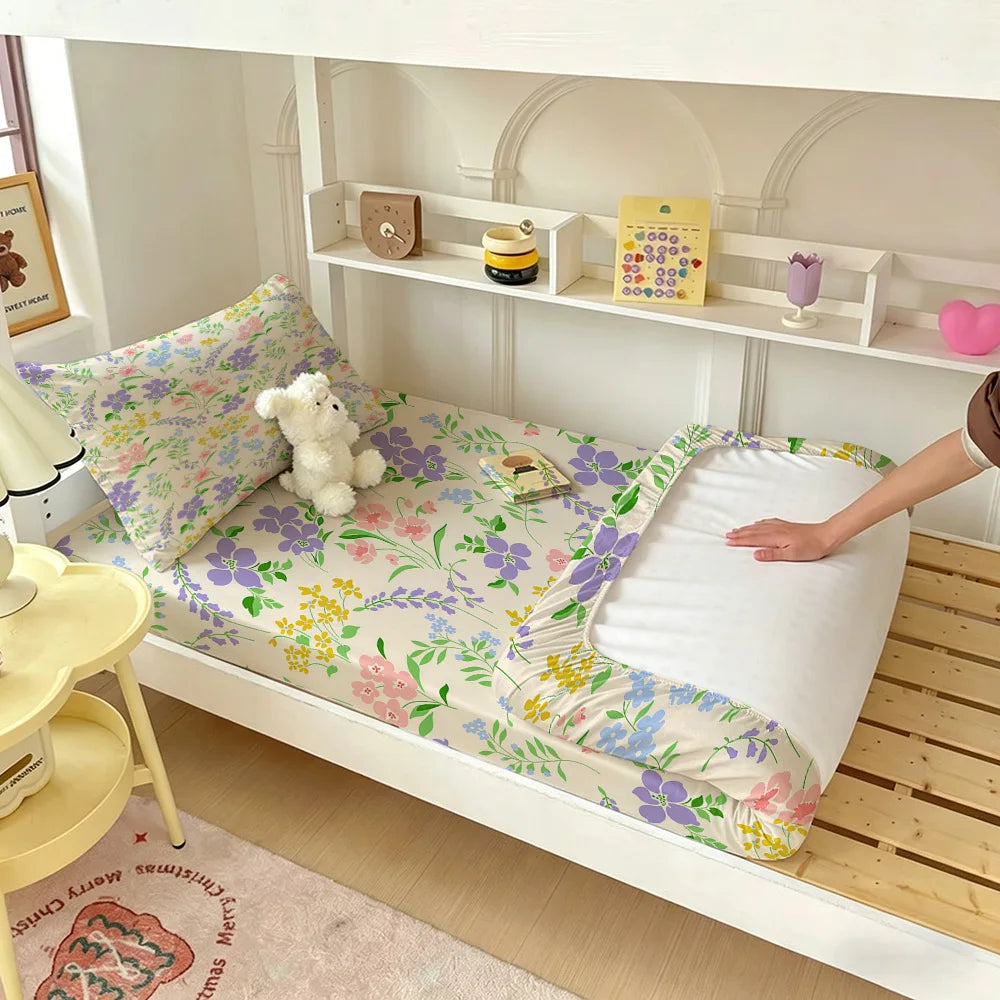 90G 3pcs Bedding Set 1 Fitted Sheet + 2 Pillowcases Light Green Purple Floral Pattern Soft Microfiber Bed Sheet Set for Bedro