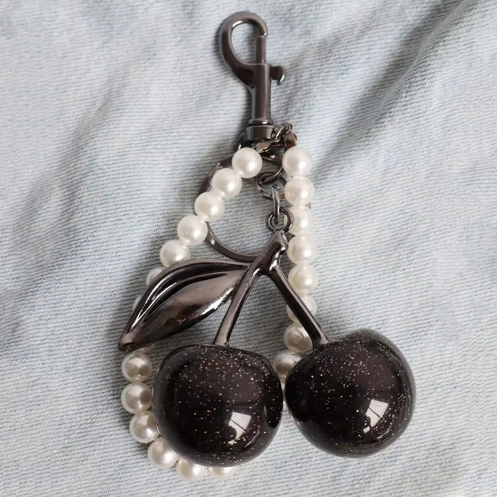 1pc For Women Cherry Keychain with Sparkling Resin Pendant Black Red Fashion Bag Decoration Charm DIY Accessories