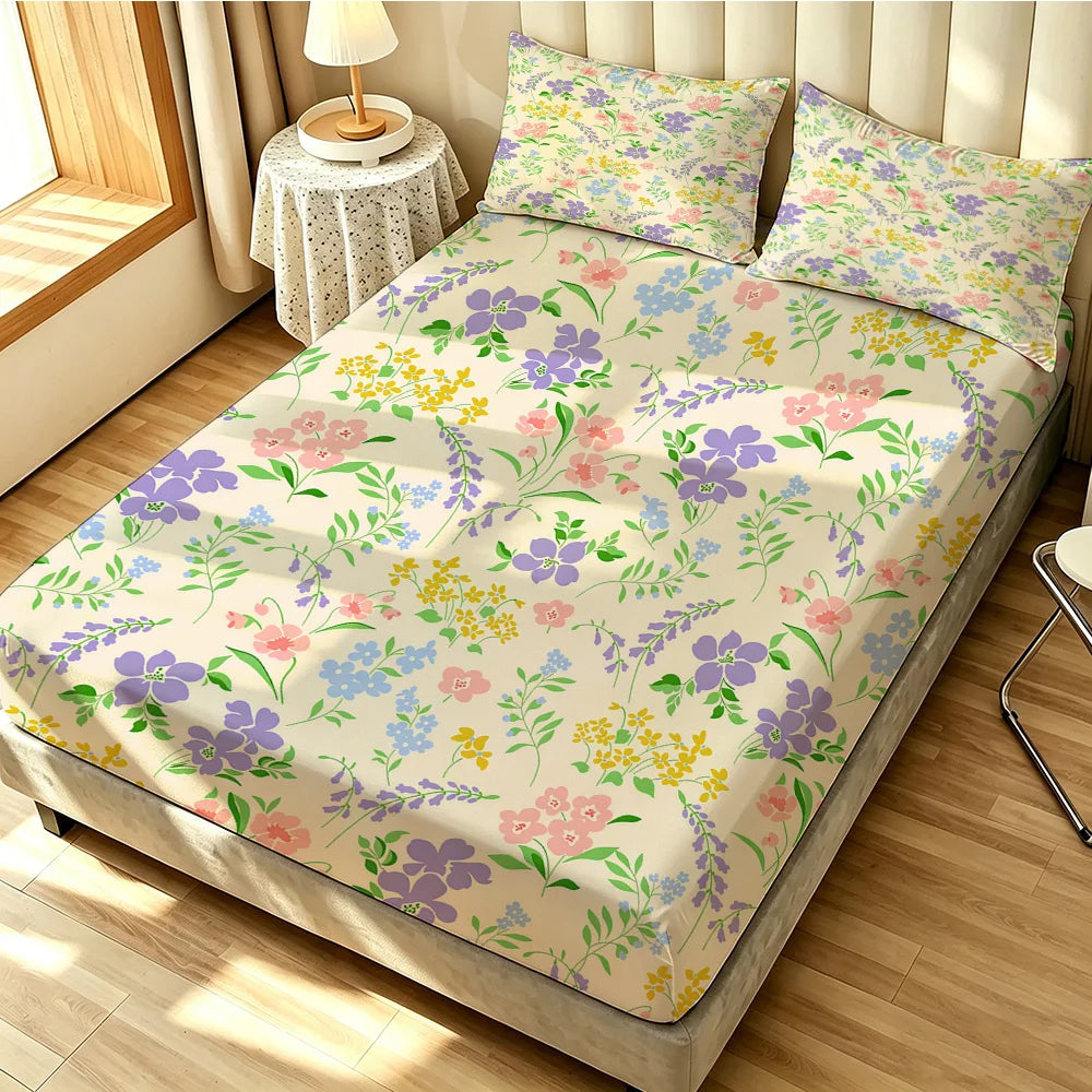 90G 3pcs Bedding Set 1 Fitted Sheet + 2 Pillowcases Light Green Purple Floral Pattern Soft Microfiber Bed Sheet Set for Bedro
