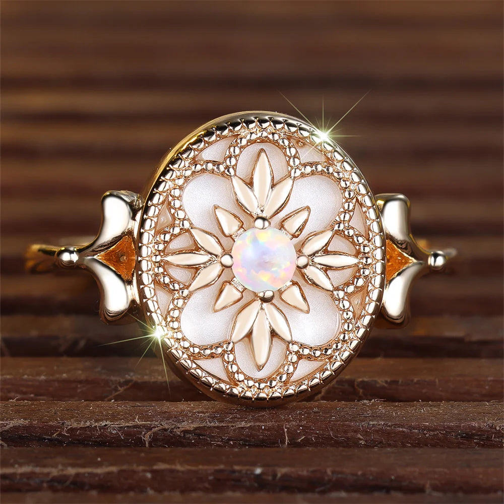 Trendy Flower White Opal Round Stone Rings For Women Vintage Gold Color Engagement Bands Wedding Jewelry Bridal Versatile Gifts