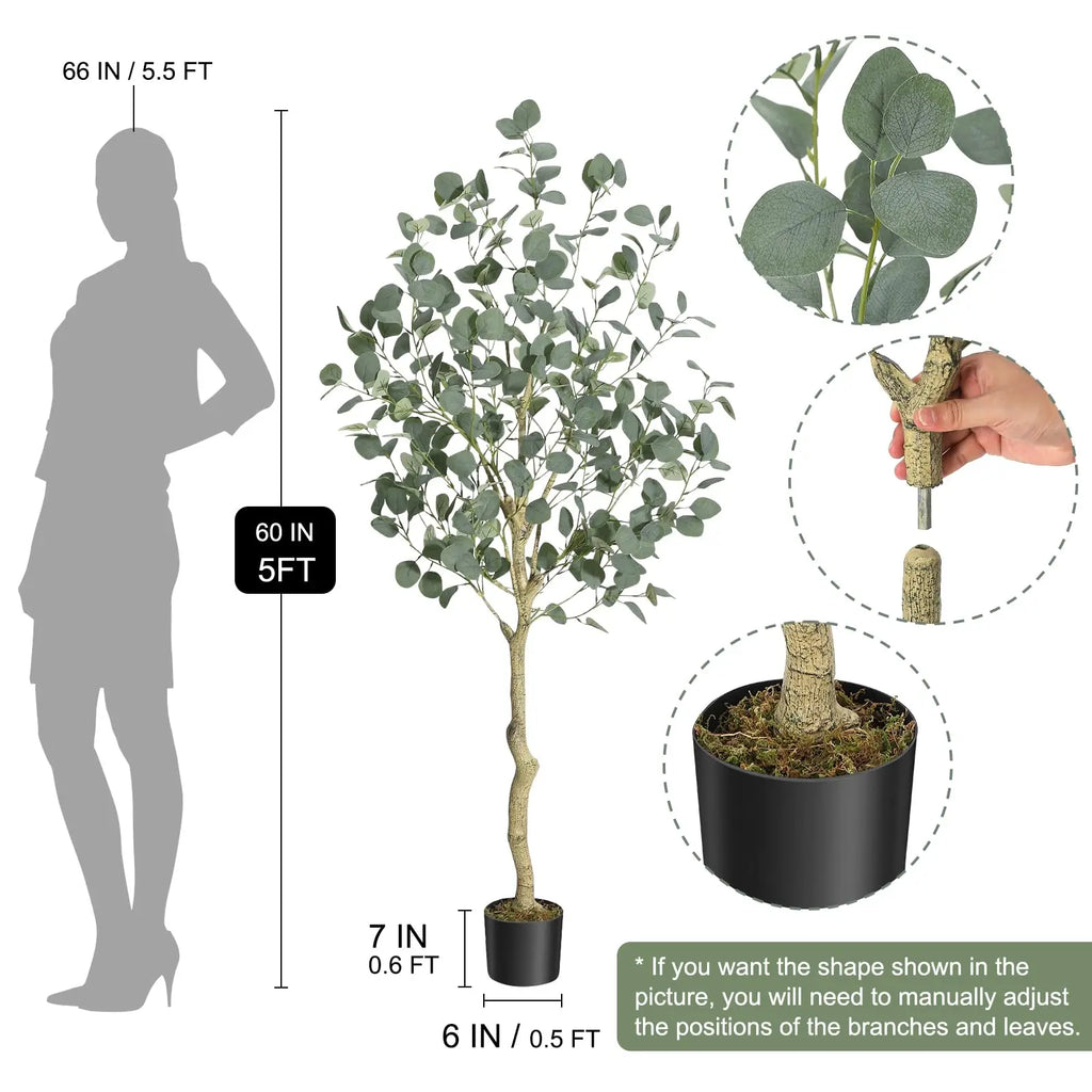 Artificial Tree Plant Eucalyptus Tree 4/5/6FT Tall, Modern Large Fake Plant Decor In Pot for Indoor Outdoor,Home Office Ideal Housewares Gift Decoration, Eucalyptus Tree