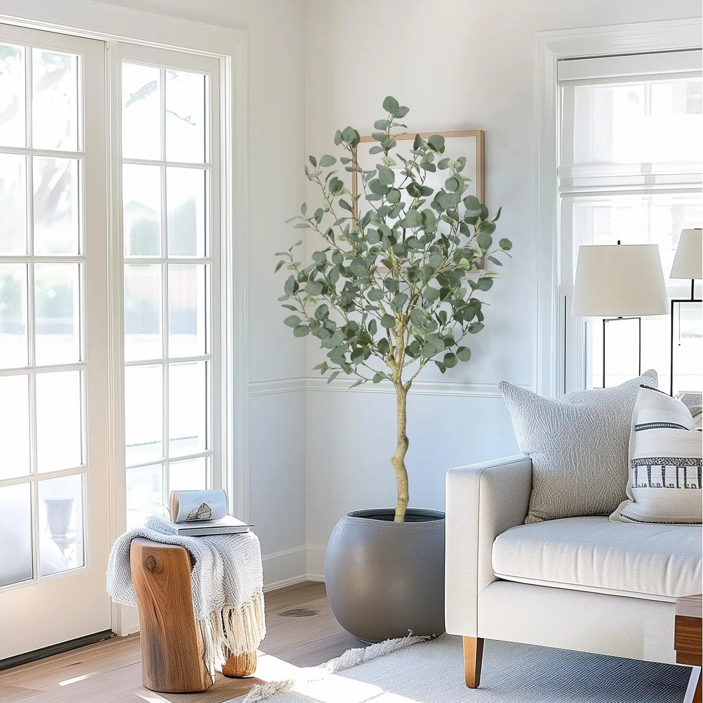 Artificial Tree Plant Eucalyptus Tree 4/5/6FT Tall, Modern Large Fake Plant Decor In Pot for Indoor Outdoor,Home Office Ideal Housewares Gift Decoration, Eucalyptus Tree