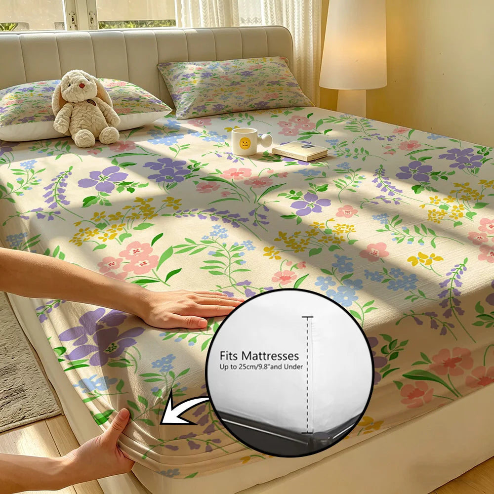 90G 3pcs Bedding Set 1 Fitted Sheet + 2 Pillowcases Light Green Purple Floral Pattern Soft Microfiber Bed Sheet Set for Bedro